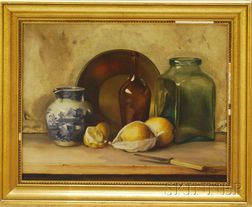 American School, 19th/20th Century Still Life with Blue and White Porcelain and Bottles.